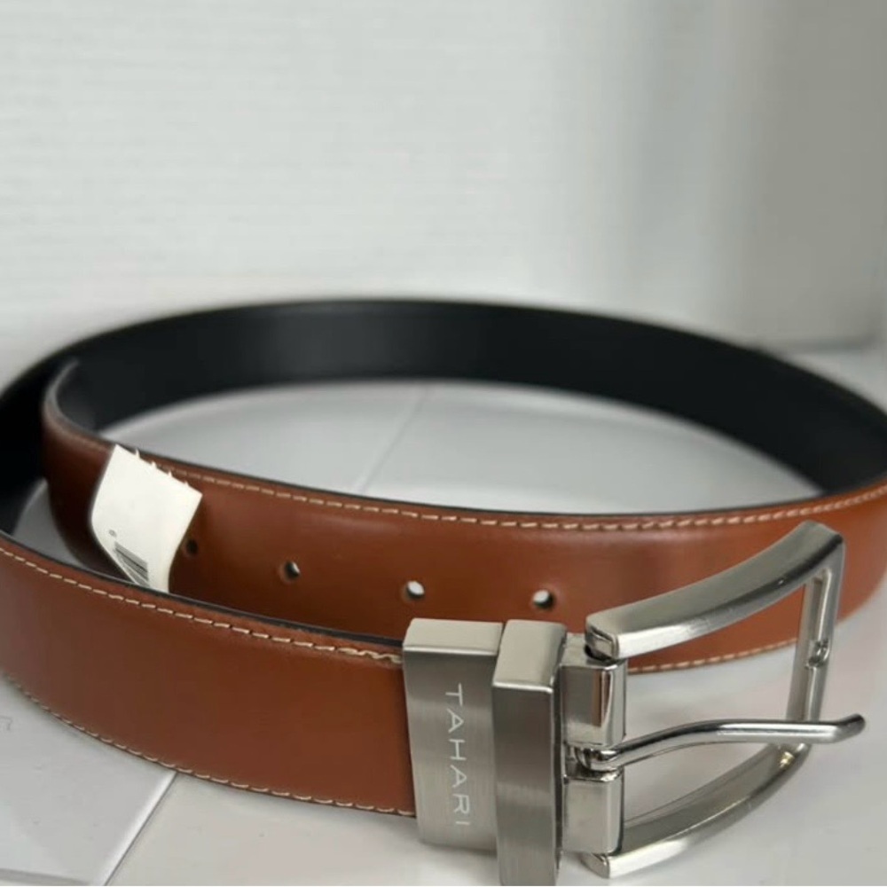 Tahari Men's Reversible Belt Black Brown Leather Size 34 Rotating Buckle